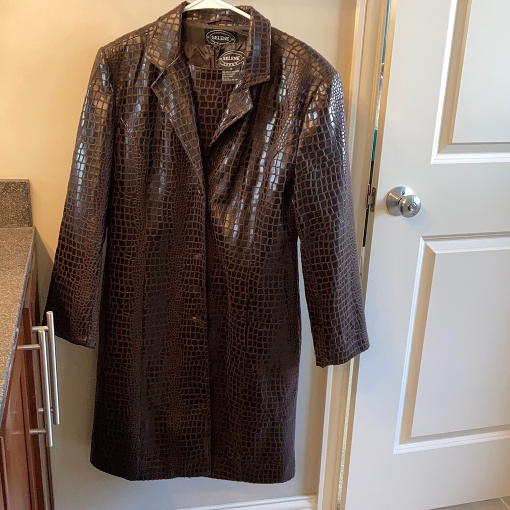 Brown crocodile look dress with matching jacket, both fully lined